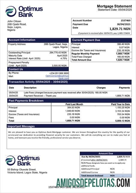 em branco Modelo Word e PDF de extrato de hipoteca do Banco Optimus da Nigéria